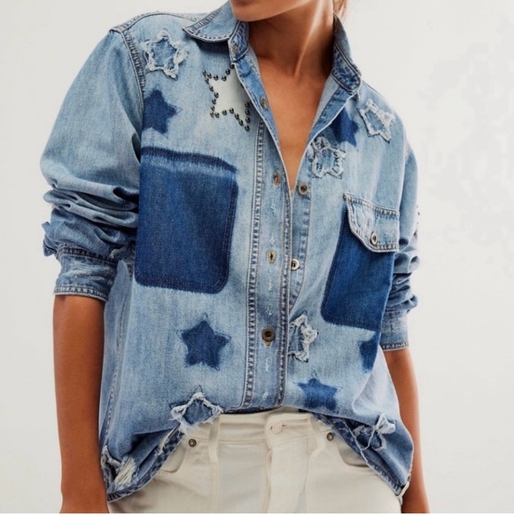 One Teaspoon x Free People Blue Star Everyday Blue Classic Shirt Size M - Picture 1 of 12